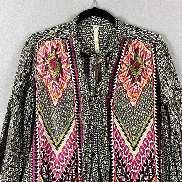 Uncle Frank Tunic Top Womens XS Geometric Button Front Tie Neck Aztec Boho Artsy - Picture 2 of 16